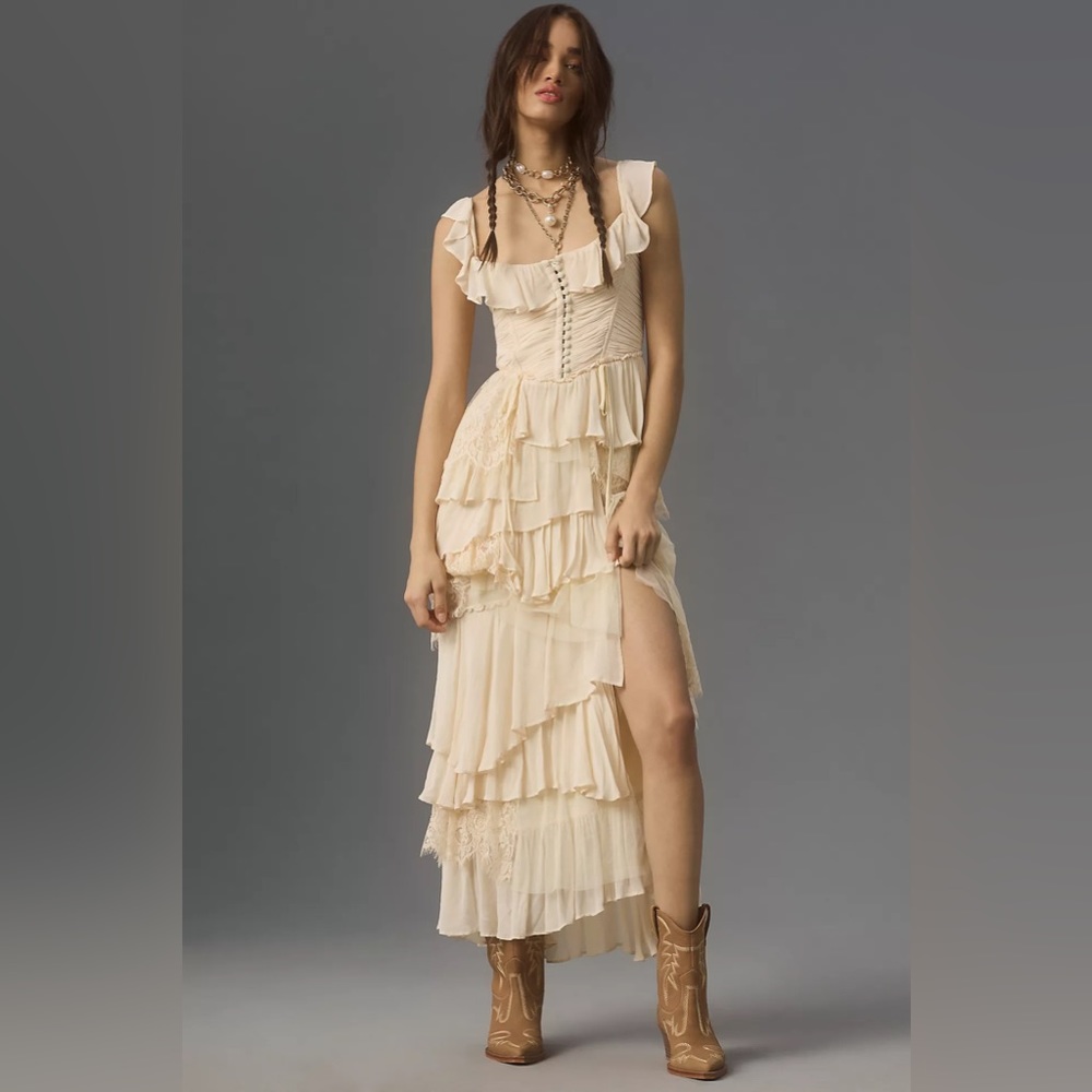 NWT By Anthropologie Corset Tiered Lace Ruffle Dress